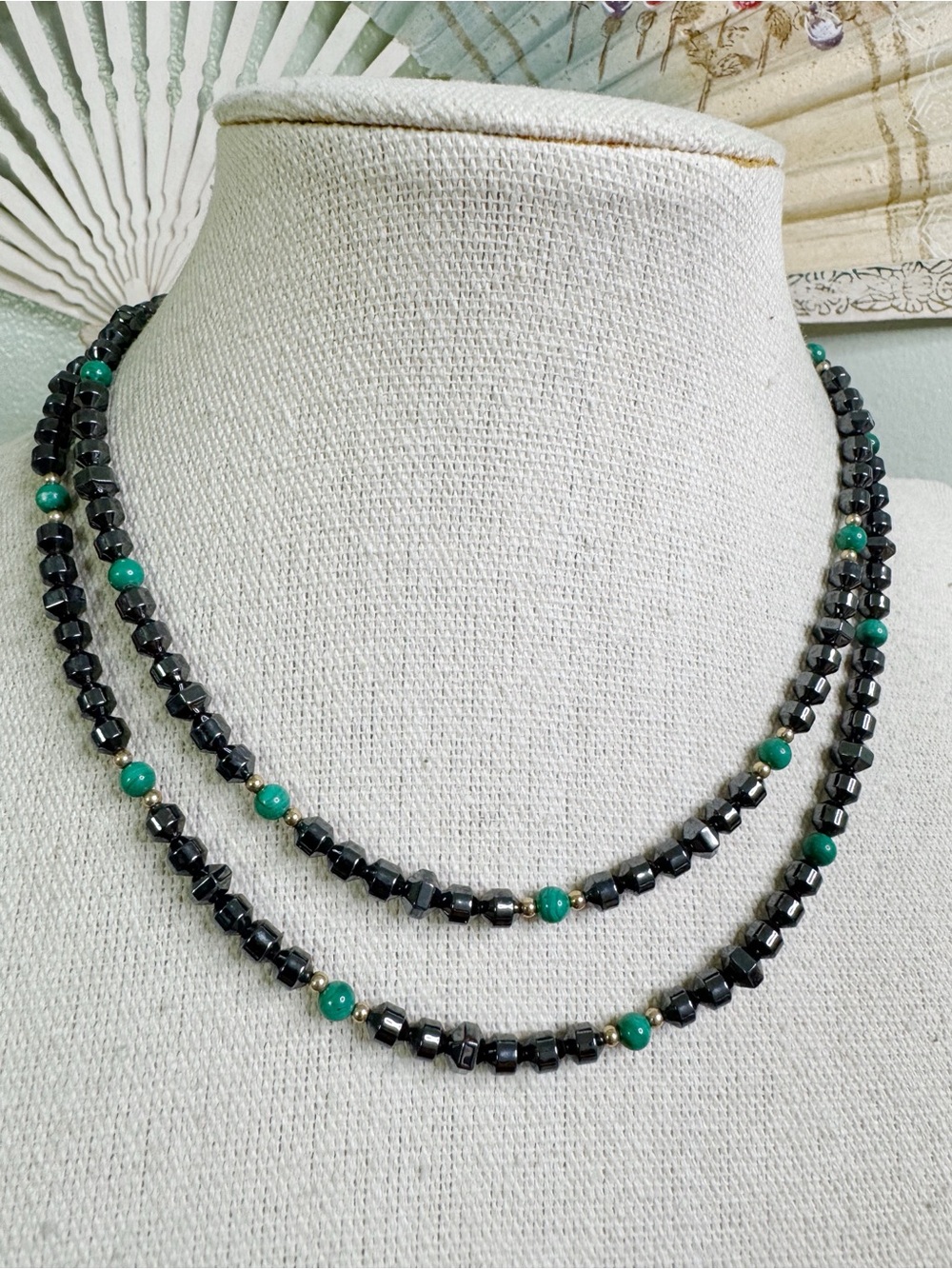 Black Hematite Green Malachite Necklace Gold Vermeil - Goblin Earth Nature Core